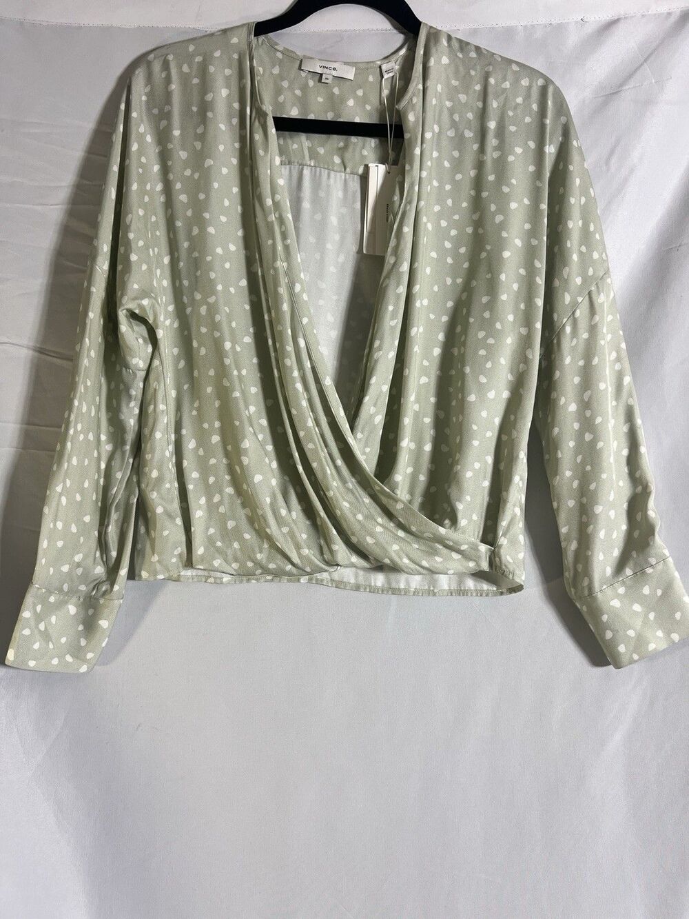 Vince Blouse Women's XS (0-2)Green White Silk Long-Sleeve Button Down Shirt Top
